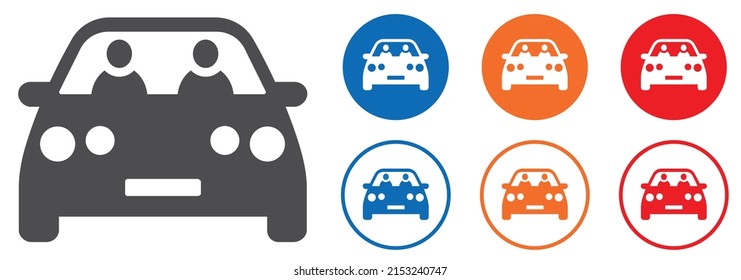 Set of icons car with people. Carpool symbol, people driving car, passenger. Vector colorful icons.