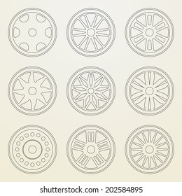 Set of icons of a car rims. Thin line style