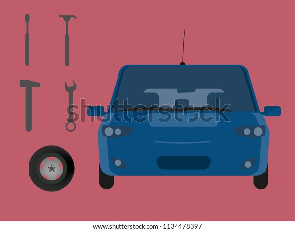 \
A set of icons for car\
service. Isolated car icons in profile, tools, wheel. Flat vector\
illustration