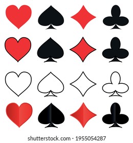 set of icons of card suits hearts diamonds spades clubs vector illustration