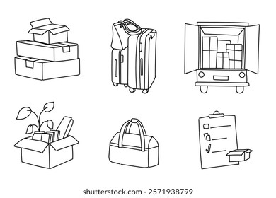 set of icons cardboard boxes in new house hand drawn doodle drawing elements vector illustrations, for website, Stuff packed in carton packages for relocation and moving home