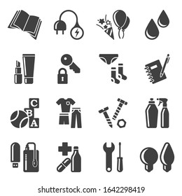 Set of icons for cardboard boxes for storing household items. Includes minimalistic icons of things, electronics, toys. Isolated vector on a white background.