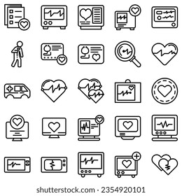 Conjunto de íconos de la cardiología. Icono vectorial como ecg, doctor, marcapasos, latido cardíaco, pictograma de contorno cardíaco.