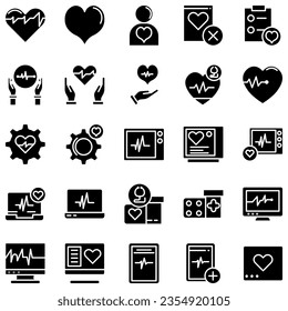 Set of icons of cardiology. Vector icon as ecg, doctor, pacemaker, heartbeat, heart outline pictogram.