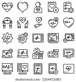 Set von Symbolen der Kardiologie. Vektorsymbol wie Ecg, Arzt, Schrittmacher, Herzschlag, Herzumriss-Piktogramm.