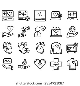 Set of icons of cardiology. Vector icon as ecg, doctor, pacemaker, heartbeat, heart outline pictogram.