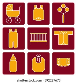 Set of icons the care of a newborn. Modern linear design.