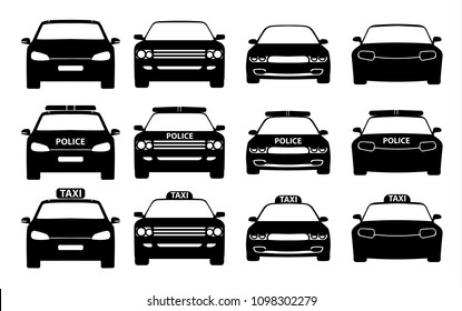 A set of icons of cars in black. Car front view icons. Police car, taxi car