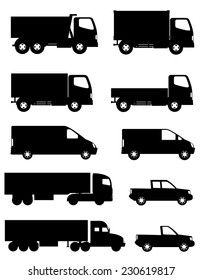 set of icons cars and truck for transportation cargo black silhouette vector illustration isolated on white background