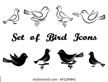Set of Icons, Cartoon Birds, Flying or Sitting on Branches, Black Pictograms and Contours Isolated on White Background. Vector