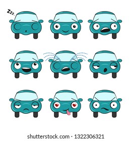 Set of icons of a cartoon blue cars with different emotions. Funny Car Vector Design. Communication Chat Elements