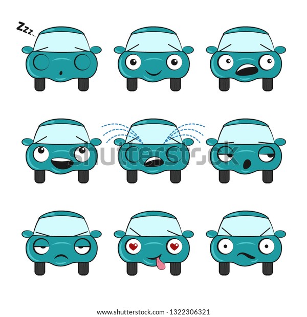 Set of icons\
of a cartoon blue cars with different emotions. Funny Car Vector\
Design. Communication Chat\
Elements