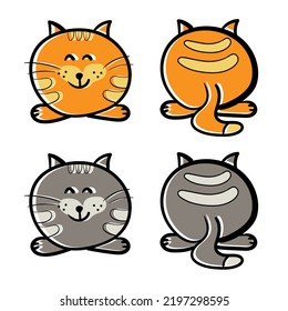 Set of icons. Cartoon cat, front and back. Cute illustration isolated on white background