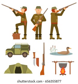 Set icons cartoon character man hunter gun,tent,lake a bird a duck cane,off-road car, a fire kettle,a knife,a rifle.Flat vector.Outdoor recreation. The person with a beard,weapon.