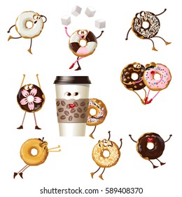 Set icons cartoon characters donuts