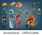 set of icons with cartoon characters Mexico