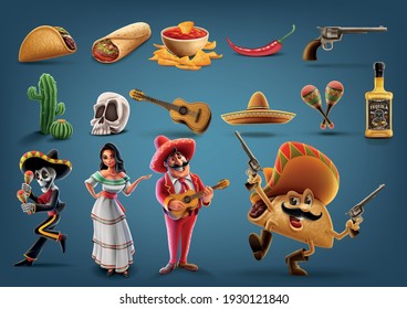 Set Of Icons With Cartoon Characters Mexico