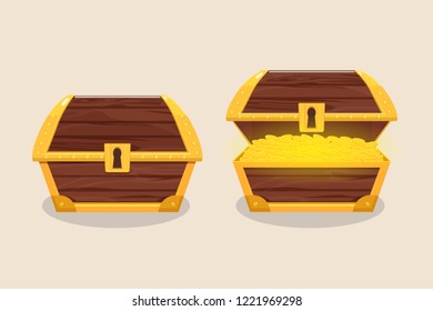 Set of icons with cartoon closed and opened wooden pirate chests with golden coins and keyhole. Antique old Treasure chest.