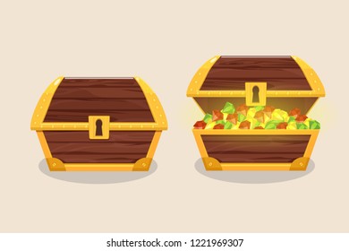 Set of icons with cartoon closed and opened wooden pirate chests with diamonds and keyhole. Antique old Treasure chest.