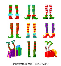 Set of Icons Cartoon Elves Legs, Christmas Design Elements, Cute Funny Feet of Xmas Character in Striped Stoking and Nosy Shoes Isolated on White Background. Santa Claus Helper Vector Illustration