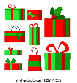 Set of icons in cartoon flat style for Christmas on a white background. A collection of nine Christmas gifts. Vector illustration.