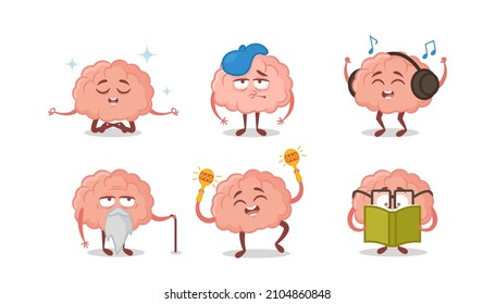 Set of Icons Cartoon Human Brain, Funny Mascots Meditate, Suffer of Headache, Listening Music with Headset, Senior Personage with Beard, Dance with Maracas, Reading Book. Cartoon Vector Illustration