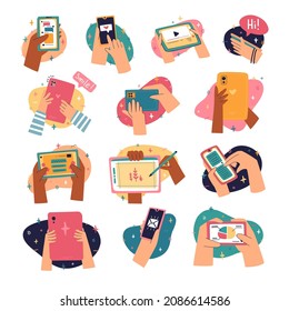 Set of icons with cartoon human hands and gadgets. Gestures with smartphone, phone and tablet. Cartoon modern style. Vector. 