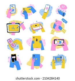 Set of icons with cartoon human hands and gadgets. Gestures with smartphone, phone and tablet. Cartoon modern style. Vector
