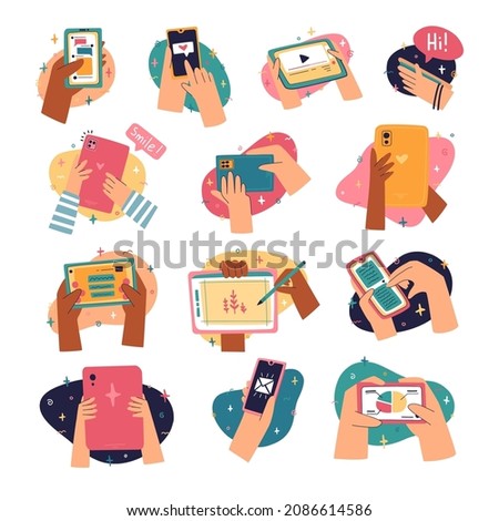 Set of icons with cartoon human hands and gadgets. Gestures with smartphone, phone and tablet. Cartoon modern style. Vector. 