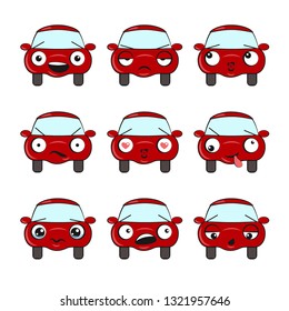 Set of icons of a cartoon red cars with different emotions. Funny Car Vector Design. Communication Chat Elements