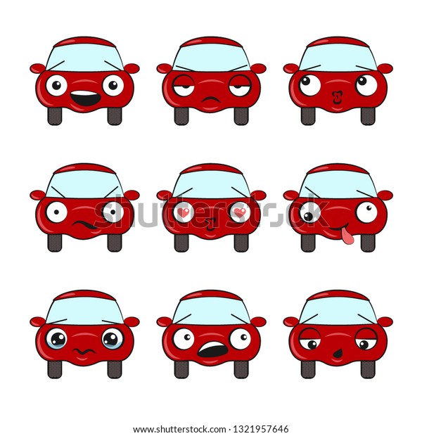 Set of icons\
of a cartoon red cars with different emotions. Funny Car Vector\
Design. Communication Chat\
Elements