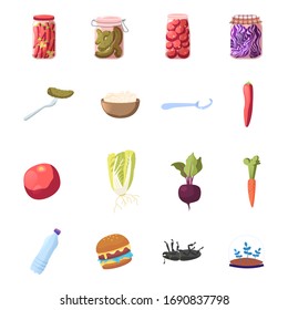 Set of Icons, Cartoon Red Hot Chili Pepper, Marinated Pickles and Fermented Food. Tomatoes, Cabbage and Salt in Spoon Canning Beetroot, Ripe Carrot, Vegetables Water and Burger. Vector Illustration