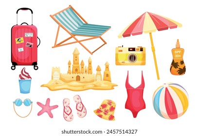 Set of icons in Cartoon style. Summer vacation at sea and travel. Tour and tourism. Travel suitcase, sun lounger, sand castle, swimsuit, flip-flops, ice cream, camera, sunscreen, sunglasses and Panama