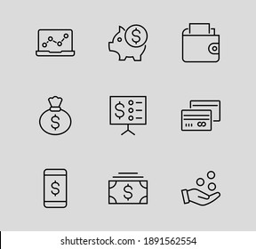 Set of Icons of Cash and Payment Systems. Thin Icons Vector Cash, Transfers of Dollars Isolated on Background Icons. Editable stroke