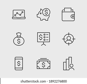 Set of Icons of Cash and Payment Systems. Thin Icons Vector Cash, Transfers of Dollars Isolated on Background Icons. Editable stroke