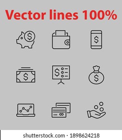 Set of Icons of Cash and Payment Systems. Thin Icons Vector Cash, Transfers of Dollars Isolated on Background Icons. Editable stroke