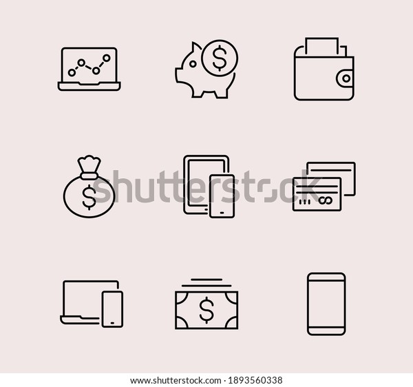 Set of Icons of Cash and Payment Systems. Thin\
Icons Vector Cash, Transfers of Dollars Isolated on Background\
Icons. Editable stroke