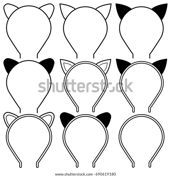Set icons cat ears headband for girl and woman on\
white background. Transparent outline and silhouettes vector\
isolated drawing cat ears headband. Illustration graphic icon in\
flat style.