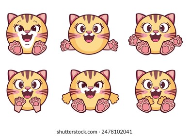 Set of icons with cat faces and different emotions. Cute kitten, kitty cat. Red striped funny kitten Kids Collection. Sticker printing. Flat design. White background. Vector