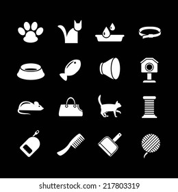Set icons of cats and cat accessories isolated on black. Vector illustration