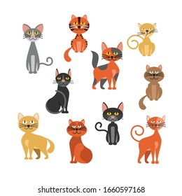 Set of icons of cats. Flat design vector. 