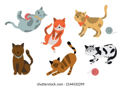 Set of icons with cats. Flat design vector. Variety breeds cats in different poses sitting, standing, stretching, playing, lying. For veterinary clinic, pet shop advertising. Collection of kittens EPS