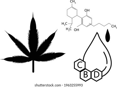 Set of icons for CBD oil. CBD oil leaf formula and droplet icons. Logo template.