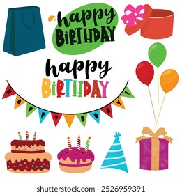 Set of icons Celebration decorations. Happy birthday icon. Party line icons set. Vector illustration. Editable stroke.