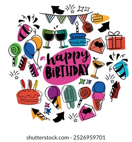 Set of icons Celebration decorations. Happy birthday icon. Party line icons set. Vector illustration. Editable stroke.