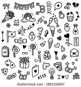  A set of icons for the celebration of Valentine's Day. Vector illustration in doodle style.