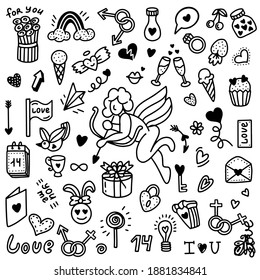 A set of icons for the celebration of Valentine's Day. Vector illustration in doodle style.