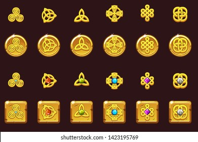 Set icons celtic symbols with gems. Golden coins and square with gems. Cartoon set celtic icons.