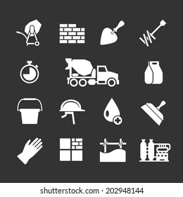 Set icons of cement and concrete isolated on black. Vector illustration