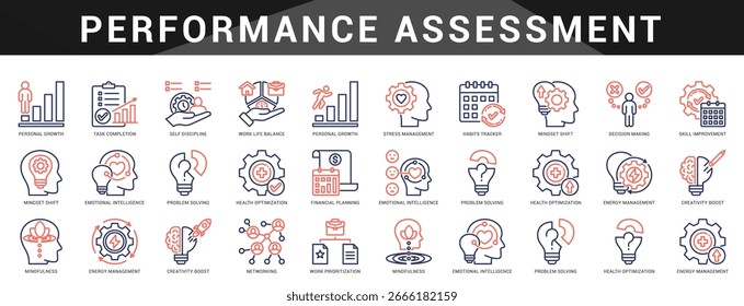 Set of icons centered on performance measurement, reviews, KPIs, and efficiency evaluation for professionals and teams to monitor progress.